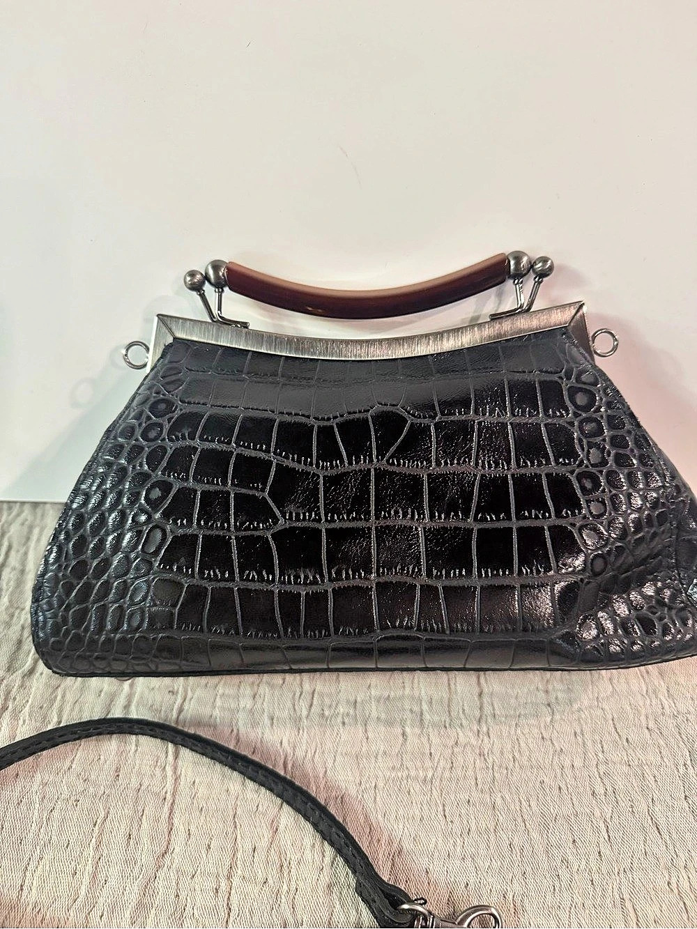Patricia Nash Kelmscott Frame Satchel Black Crocodile-Embossed with Kiss Lock